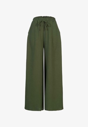 Pantaloni a gamba larga in verde oliva scuro, realizzati in tessuto morbido. Presentano una vita elastica con cordoncino per la regolazione. Senza tasche.