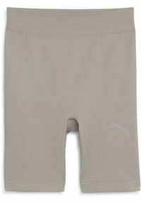 Grå ribbede shorts med en tætsiddende pasform, der har en længde til midten af låret og et lille hvidt logo på den nederste side. Blød tekstur og elastisk talje.