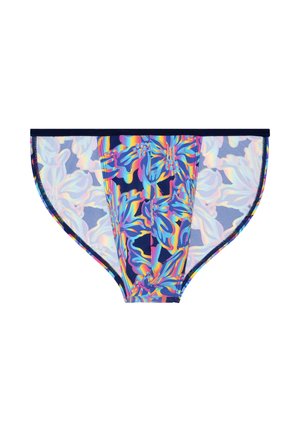 Marineblauwe bikinibroek met halfdoorzichtige zijkanten en meerkleurig neonkleurig bloemenpatroon op het voorpaneel.