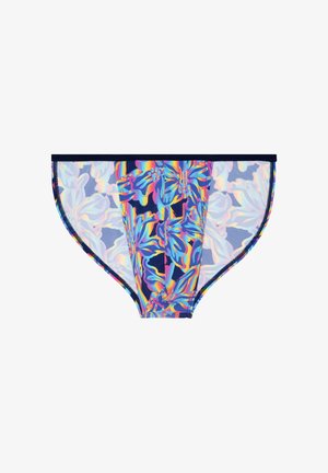 Marineblauwe bikinibroek met halfdoorzichtige zijkanten en meerkleurig neonkleurig bloemenpatroon op het voorpaneel.