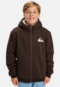 Hnědá zipová mikina s měkkým fleece podšívkou, se znakem na hrudi a bočními kapsami, vhodná pro každodenní nošení.