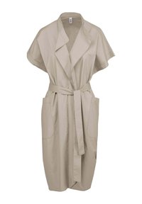 Robe avvolgente beige in cotone con collo sciallato, maniche corte, due tasche anteriori e cintura da annodare in vita. Tessuto liscio e leggero.