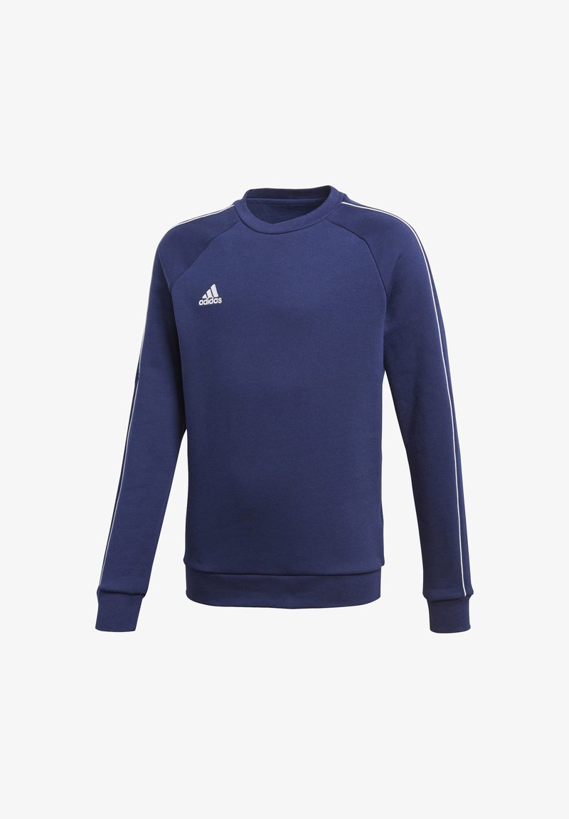 Felpa blu navy con scollo rotondo, maniche lunghe, strisce laterali bianche e un piccolo logo Adidas bianco sul petto. Tessuto morbido e strutturato.