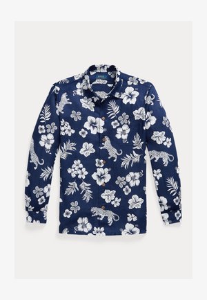 Tamsiai mėlyna ilgomis rankovėmis sagomis užsegama marškiniai su baltais tropiniais žiedais, lapais ir leopardo raštais, priekyje kišenė ir rudi mygtukai.