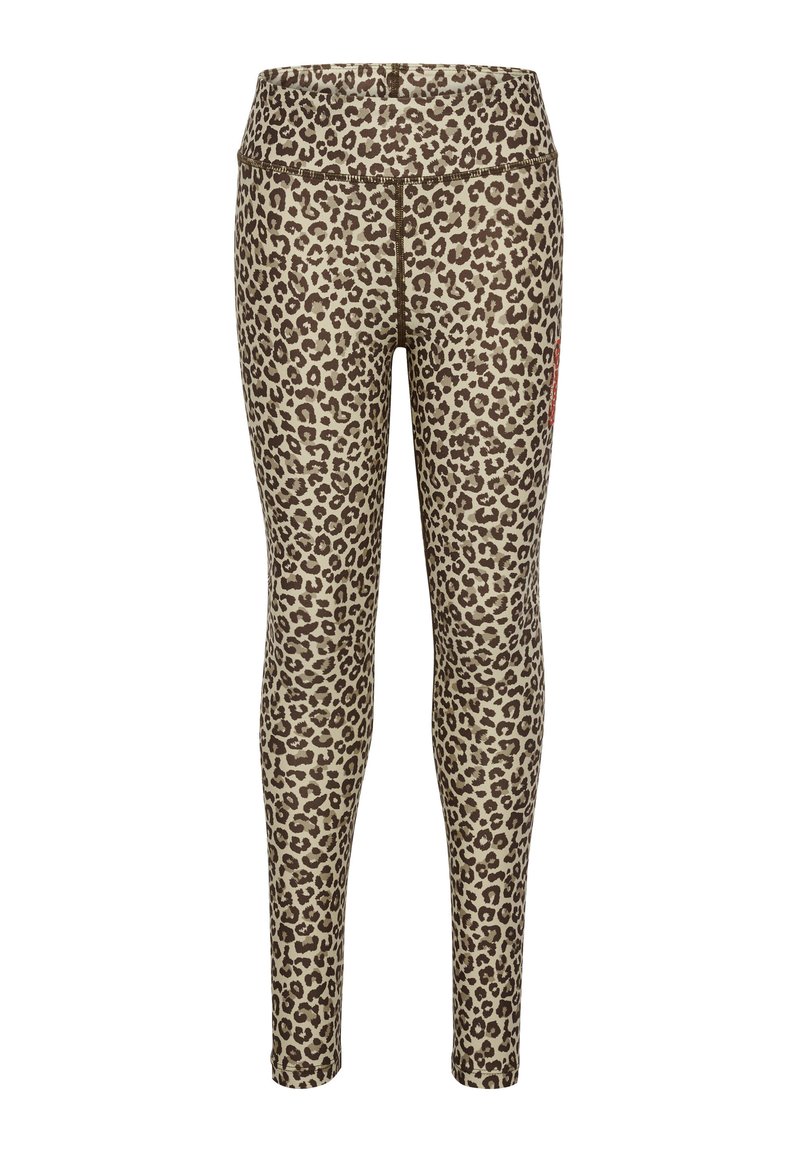 Dierprint legging in beige en bruin, met een hoge tailleband. Kenmerkt zich door een zachte textuur en een aansluitend ontwerp, ideaal voor actieve kleding.