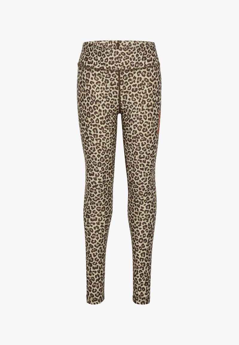 Tiermuster-Leggings in Beige und Braun mit hohem Bund. Sie verfügen über eine glatte Textur und eine enganliegende Passform, ideal für Sportbekleidung.