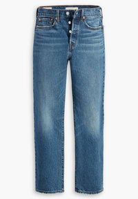 Jeans de mezclilla azul de pierna recta con cierre de botones, estilo de cinco bolsillos y ligero desgastado en los muslos y las rodillas.