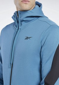 Ljusblå zip-up hoodie med hög krage, svarta accenter på ärmarna och en liten svart logotyp på bröstet. Slät tygtextur.