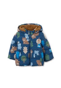 Chaqueta acolchada para niños en azul oscuro con un patrón de animales del bosque. Capucha forrada con piel sintética color beige, cierre con cremallera en el frente y dos bolsillos laterales.