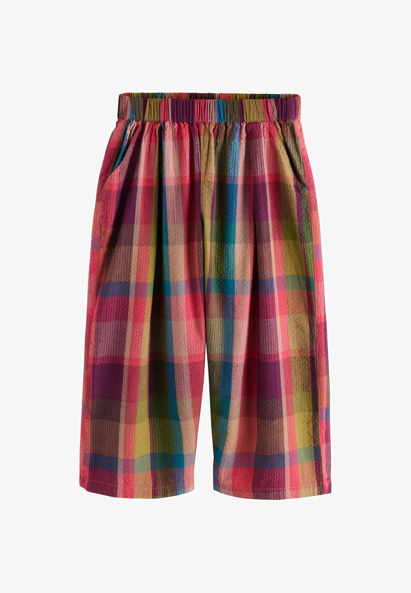 Losse korte broek met elastische tailleband en zijzakken, met een meerkleurig geruit patroon in rood, blauw, groen en geel.