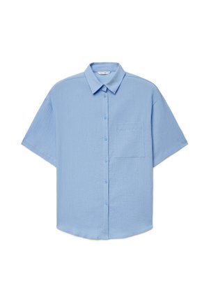 Light blue short-sleeve button-up shirt with a collar and a single chest pocket, made of textured fabric.