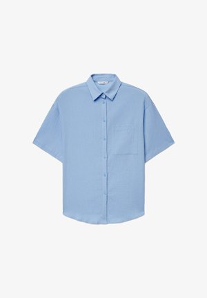 Light blue short-sleeve button-up shirt with a collar and a single chest pocket, made of textured fabric.