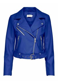 Blå fusk läder motorcykeljacka med silverfärgade blixtlås, tryckknappskrage och justerbart bälte. Har två fickor med blixtlås och en figurnära design.