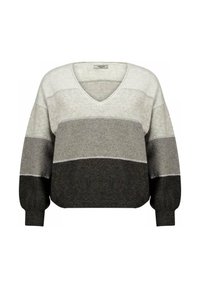 Pull à rayures grises et noires avec un col en V, coupe ample et manches ballon. Fabriqué en matériau doux avec des accents cousus.