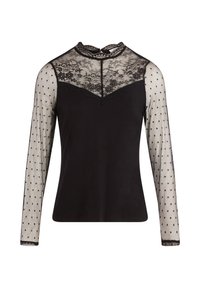 Top negro con cuello de encaje y mangas largas semitransparentes con lunares. La tela es suave y presenta un delicado detalle de encaje texturizado.