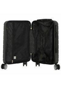 Zwarte harde koffer met een verdeeld interieur, een gaaszak en verstelbare riemen. Beschikt over vier wielen voor mobiliteit en een elegant design.
