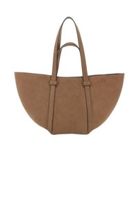 Brown suede tote bag with a rounded silhouette, two sturdy handles, and minimal stitching details along the edges.