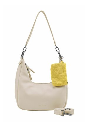 Sac à bandoulière en cuir crème avec pochette jaune texturée amovible et bandoulière assortie réglable, fermoirs métalliques et fermeture éclair.
