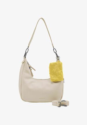 Sac à bandoulière en cuir crème avec pochette jaune texturée amovible et bandoulière assortie réglable, fermoirs métalliques et fermeture éclair.