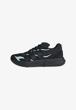 Czarne buty sportowe z siateczkowej i syntetycznej cholewki, z turkusowymi akcentami i grubą gumową podeszwą, oznaczone napisem "LIGHTSTRIKE" z boku.