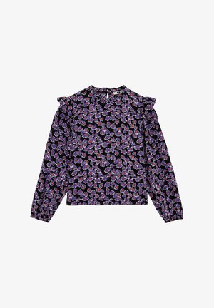 Bluză cu mânecă lungă din material negru, decorată cu un imprimeu floral colorat cu flori violet, roșii și teal; detaliu cu volan la umăr.