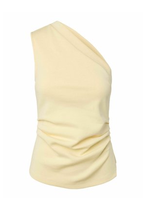 Kremasti top bez rukava s jednom naramenicom i naboranim detaljima u struku, prikazan na bijeloj pozadini.