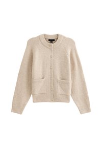 Cárdigan de punto beige con escote redondo, botones frontales, dos bolsillos y puños acanalados. Textura suave con un diseño de corte relajado.