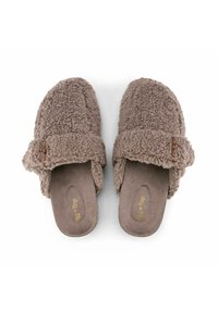 Brown fuzzy slippers with a plush texture, open-toe design, adjustable strap, and a soft footbed for comfort.