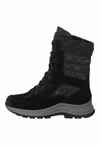Botte d'hiver noire avec un upper en suède textur�é et nylon, des motifs géométriques, un système de laçage et une semelle en caoutchouc grise pour une meilleure adhérence.
