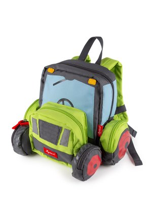 Green and gray backpack designed to resemble a tractor, featuring oversized wheels, zippers, and a front pocket with a blue panel.