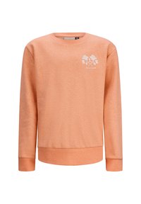 Felpa arancione con scollo rotondo, maniche lunghe, polsini e orlo a coste. Presenta grafiche floreali bianche sul petto. Tessuto morbido.