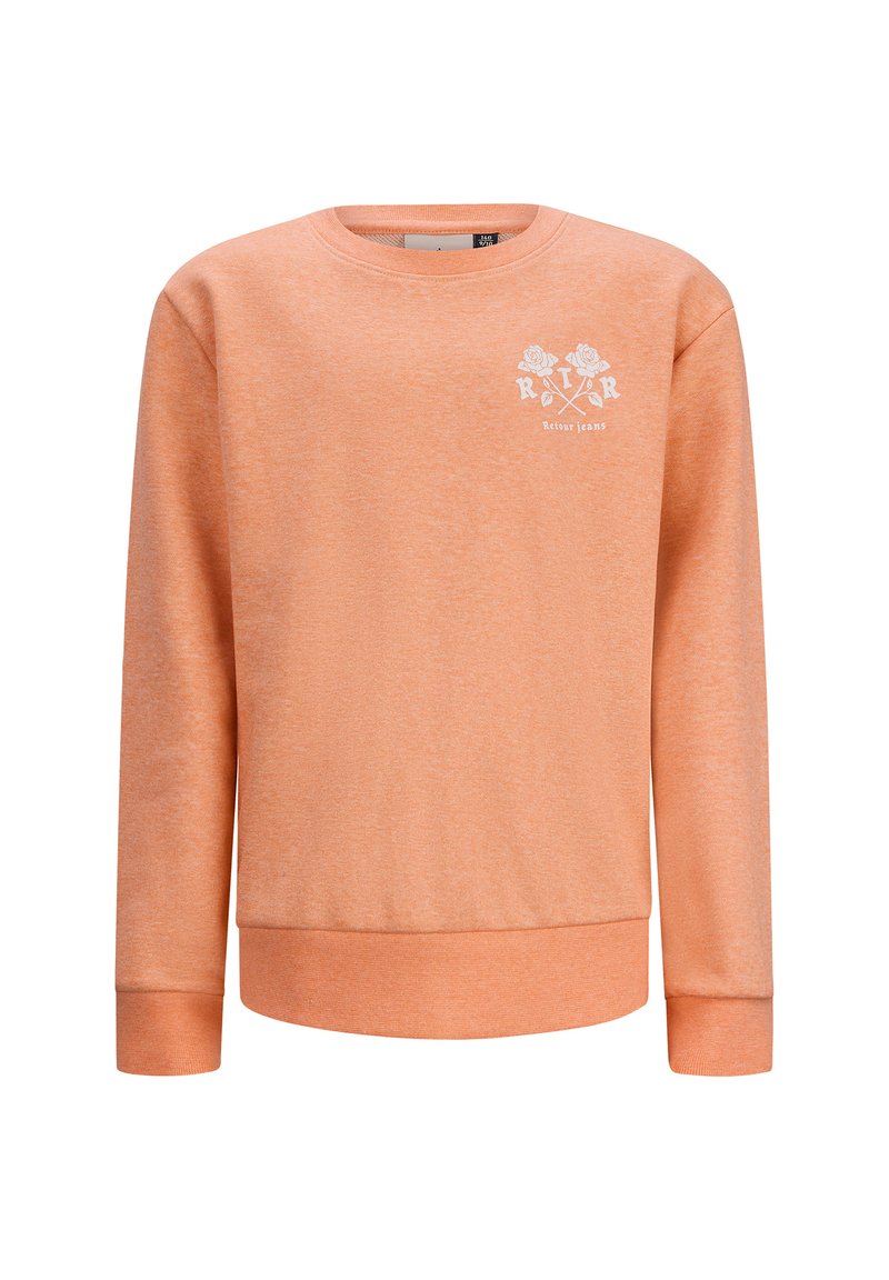 Felpa arancione con scollo rotondo, maniche lunghe, polsini e orlo a coste. Presenta grafiche floreali bianche sul petto. Tessuto morbido.