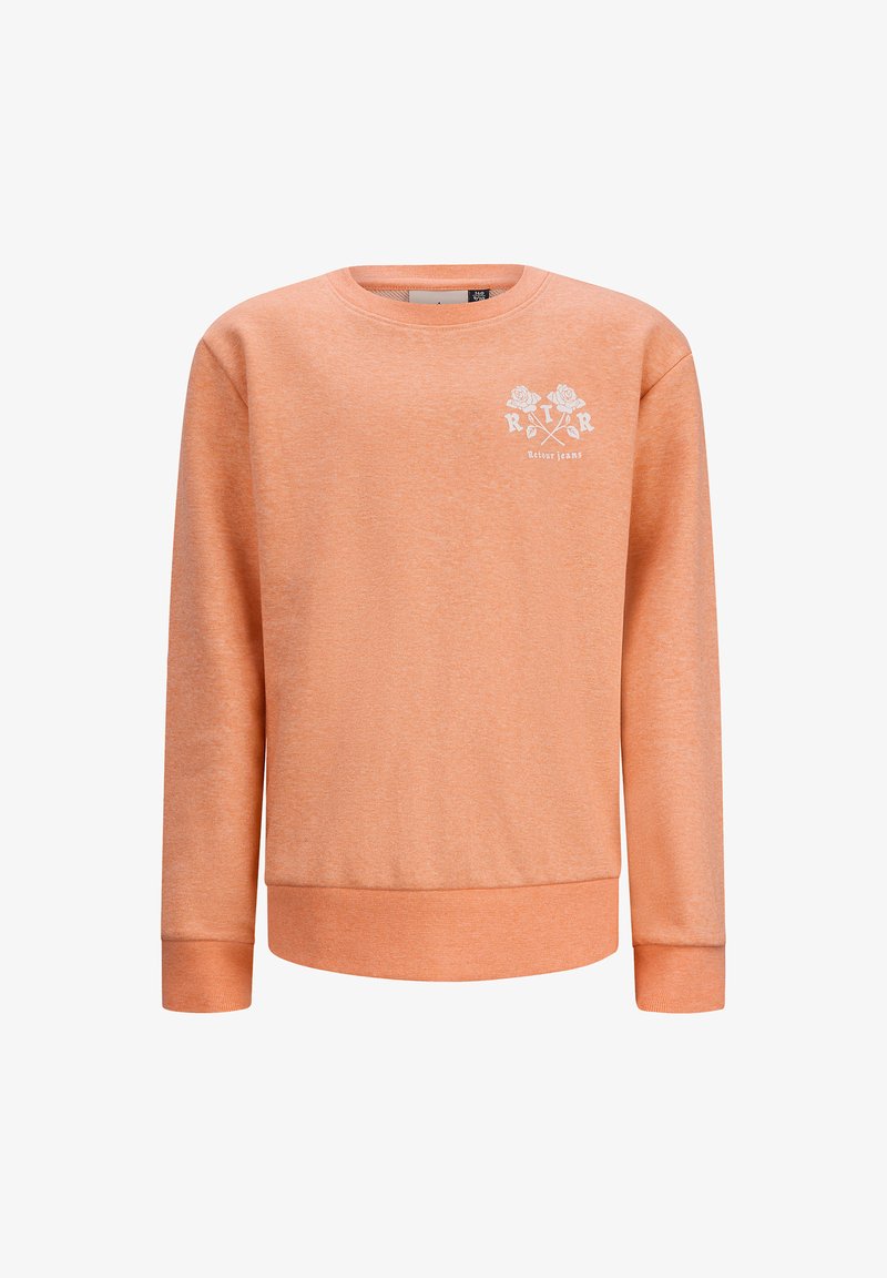 Felpa arancione con scollo rotondo, maniche lunghe, polsini e orlo a coste. Presenta grafiche floreali bianche sul petto. Tessuto morbido.