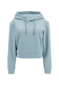 Hoodie corto in blu chiaro, tessuto testurizzato con un motivo geometrico. Presenta un cappuccio con cordino e polsini a costine. Accenti in metallo tono argento.