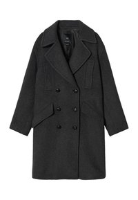 Dubbelzijdige grijze wollen jas met brede revers, twee voorzakken en zwarte knopen. Beschikt over een ontspannen pasvorm en mouwlengte tot halverwege de arm.