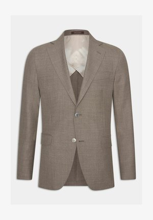 Brązowa strukturalna marynarka z klapami, z pojedynczym zapięciem na guzik, dwoma przednimi kieszeniami i gładkim jasnym podszewką.