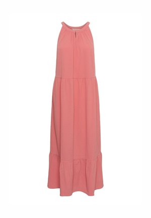 Abito maxi rosa senza maniche con scollo arricciato, gonna a più balze e vestibilità ampia e fluente.
