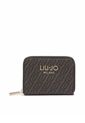 Pruunide ja mustade mustriga lukuga rahakott, millel on kuldse tooniga LIU·JO MILANO logo ja kuldne tõmbluka tõmme valgel taustal.