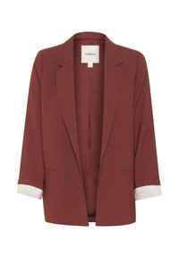 Blazer v rezavé barvě s přiléhavým designem, klopami a ohrnutými rukávy, které odhalují pruhovanou látku. Měkká textura a bez zapínání.