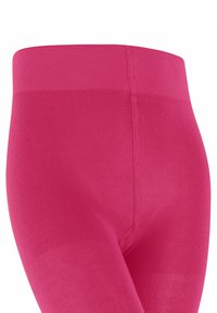 Różowe legginsy o gładkiej fakturze, z szerokim, elastycznym paskiem w talii oraz prążkowanym wzorem. Zbliżenie podkreślające kolor i materiał.