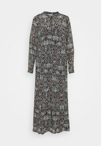 Pitkähihaista mekkoa, jossa on tummia kukka-ankkuja punaisilla, sinisillä ja kermanvärisillä yksityiskohdilla; valmistettu kevyestä kankaasta, joka luo virtaavan siluetin.