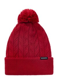 Rode gebreide beanie met een textuur herringbone patroon, voorzien van een grote pompon bovenop en een opgerolde rand met een zwart logo label.
