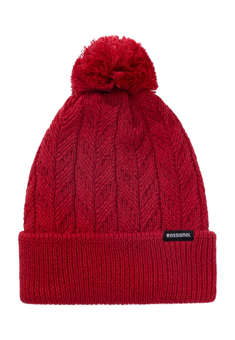 Rode gebreide beanie met een textuur herringbone patroon, voorzien van een grote pompon bovenop en een opgerolde rand met een zwart logo label.