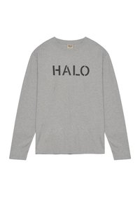 Graues Langarmshirt aus Baumwolle mit einem schwarzen "HALO"-Grafikdruck auf der Brust, entspannt geschnitten und mit Rundhalsausschnitt.