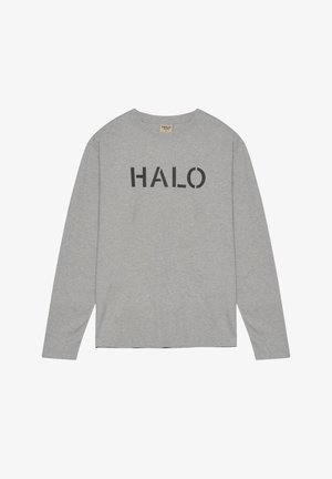 Graues Langarmshirt aus Baumwolle mit einem schwarzen "HALO"-Grafikdruck auf der Brust, entspannt geschnitten und mit Rundhalsausschnitt.