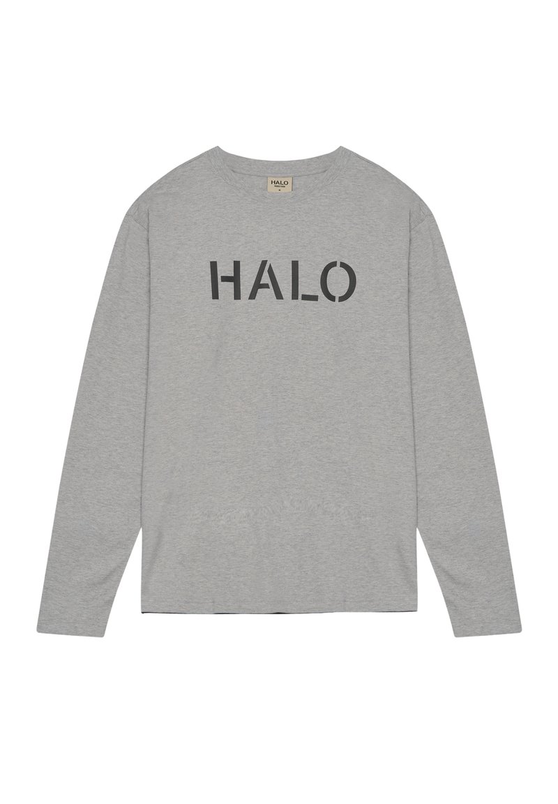 Graues Langarmshirt aus Baumwolle mit einem schwarzen "HALO"-Grafikdruck auf der Brust, entspannt geschnitten und mit Rundhalsausschnitt.