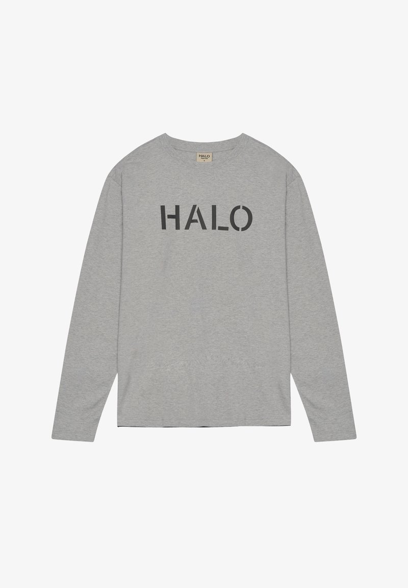 Graues Langarmshirt aus Baumwolle mit einem schwarzen "HALO"-Grafikdruck auf der Brust, entspannt geschnitten und mit Rundhalsausschnitt.