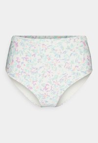 Květinové bikini kalhotky s vysokým pasem vyrobené z měkkého materiálu. Vzor obsahuje pastelové květiny na světlém pozadí s žebrovanou texturou.