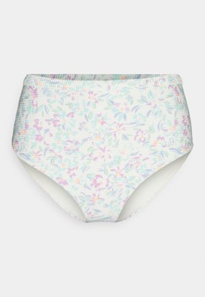 Korkokenkoinen bikinitoppi pehmeästä kankaasta. Kuosi sisältää pasteliväreissä kukkia vaalealla taustalla, ja siinä on ribbattu tekstuuri.