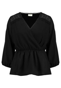 Black wrap blouse with a v-neck, lace accents on shoulders, elastic waist, and long puff sleeves, made from a smooth fabric.